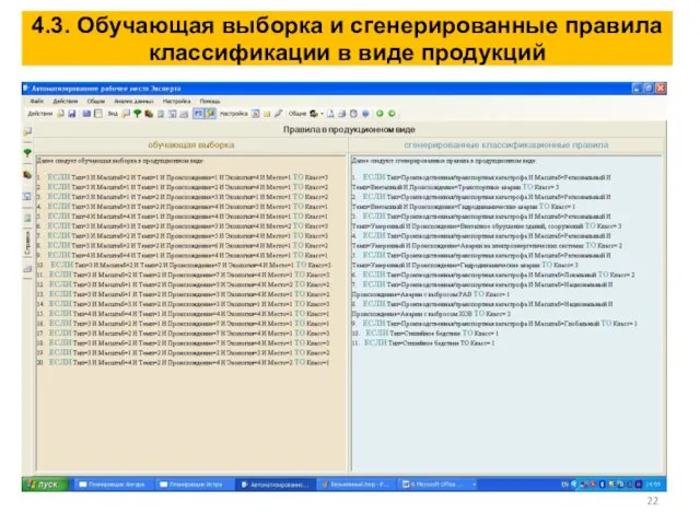 4.3. Обучающая выборка и сгенерированные правила классификации в виде продукций