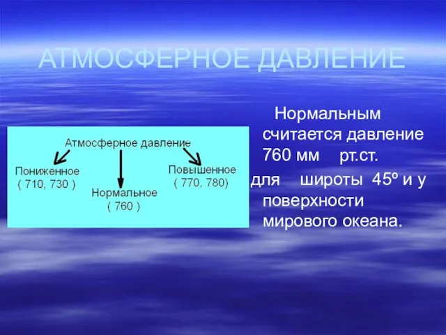 АТМОСФЕРНОЕ ДАВЛЕНИЕ Нормальным считается давление 760 мм рт.ст. для широты 45º и у поверхности мирового океана.