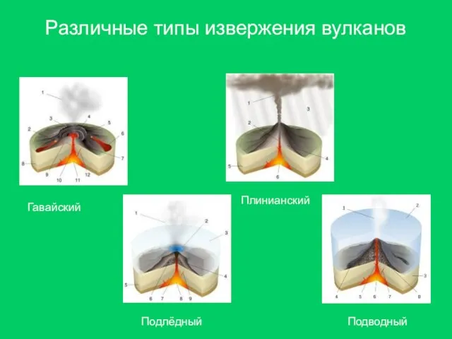 Различные типы извержения вулканов Гавайский Плинианский Подлёдный Подводный