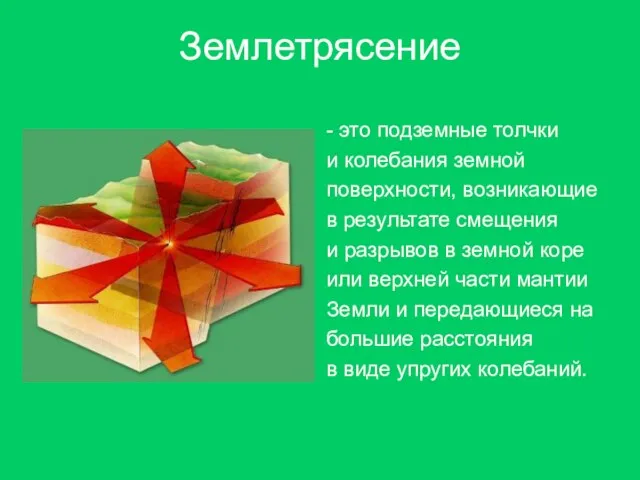 Землетрясение - это подземные толчки и колебания земной поверхности, возникающие в результате