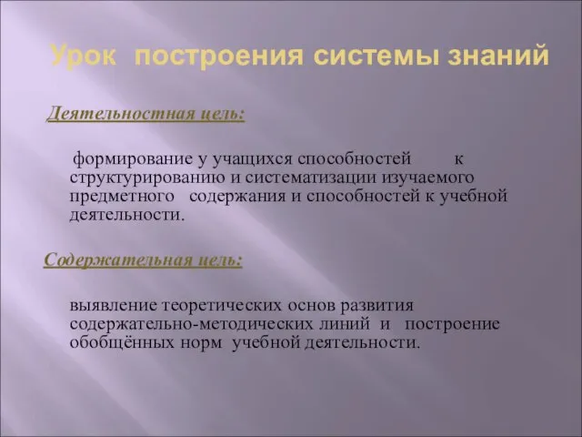 Урок построения системы знаний Деятельностная цель: формирование у учащихся способностей к структурированию