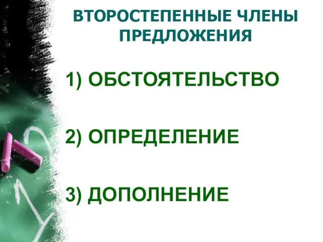 ВТОРОСТЕПЕННЫЕ ЧЛЕНЫ ПРЕДЛОЖЕНИЯ 1) ОБСТОЯТЕЛЬСТВО 2) ОПРЕДЕЛЕНИЕ 3) ДОПОЛНЕНИЕ