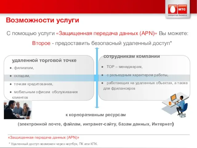 С помощью услуги «Защищенная передача данных (APN)» Вы можете: Второе - предоставить