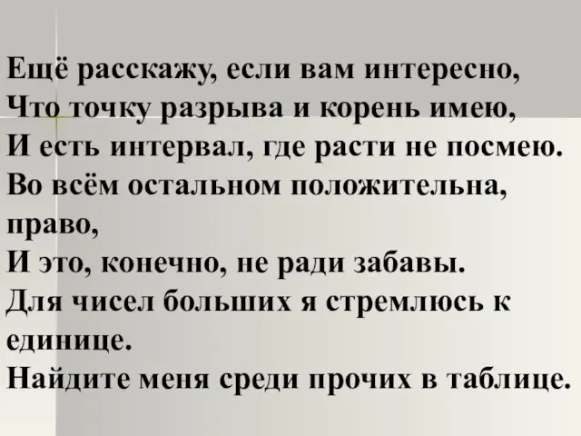 Ещё расскажу, если вам интересно, Что точку разрыва и корень имею, И