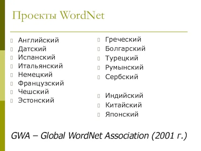 Проекты WordNet Английский Датский Испанский Итальянский Немецкий Французский Чешский Эстонский Греческий Болгарский