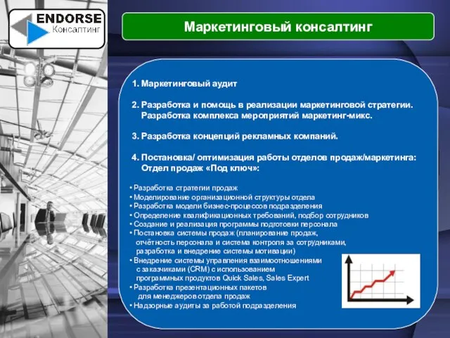 Маркетинговый консалтинг 1. Маркетинговый аудит 2. Разработка и помощь в реализации маркетинговой