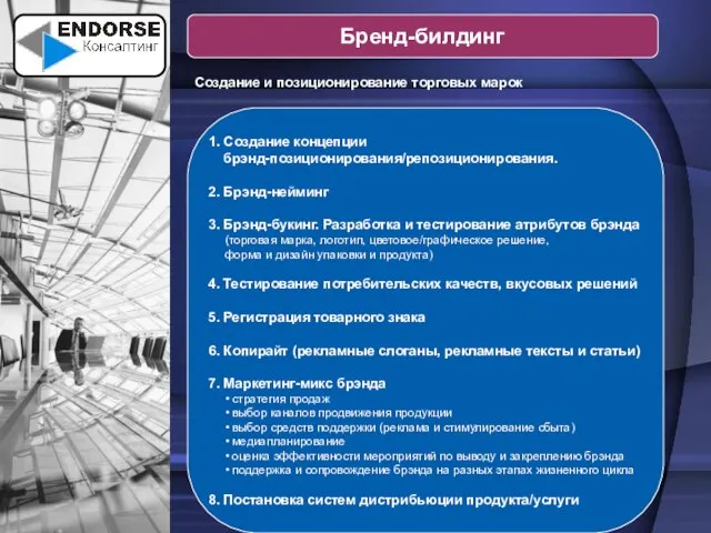 Бренд-билдинг 1. Создание концепции брэнд-позиционирования/репозиционирования. 2. Брэнд-нейминг 3. Брэнд-букинг. Разработка и тестирование