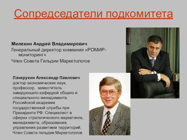 Сопредседатели подкомитета Милехин Андрей Владимирович Генеральный директор комиании «РОМИР-мониторинг» Член Совета Гильдии