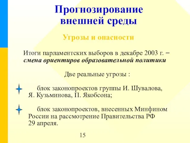 Прогнозирование внешней среды Угрозы и опасности Итоги парламентских выборов в декабре 2003