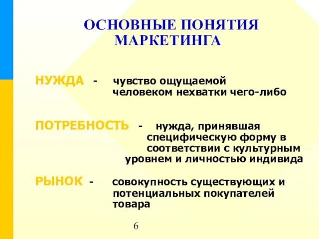 ОСНОВНЫЕ ПОНЯТИЯ МАРКЕТИНГА НУЖДА - чувство ощущаемой человеком нехватки чего-либо ПОТРЕБНОСТЬ -