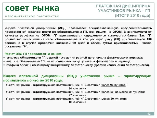 ПЛАТЕЖНАЯ ДИСЦИПЛИНА УЧАСТНИКОВ РЫНКА – ГП (ИТОГИ 2010 года) Индекс платежной дисциплины