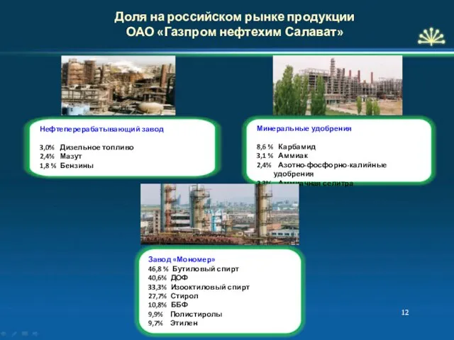 Доля на российском рынке продукции ОАО «Газпром нефтехим Салават»