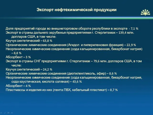 Экспорт нефтехимической продукции Доля предприятий города во внешнеторговом обороте республики в экспорте