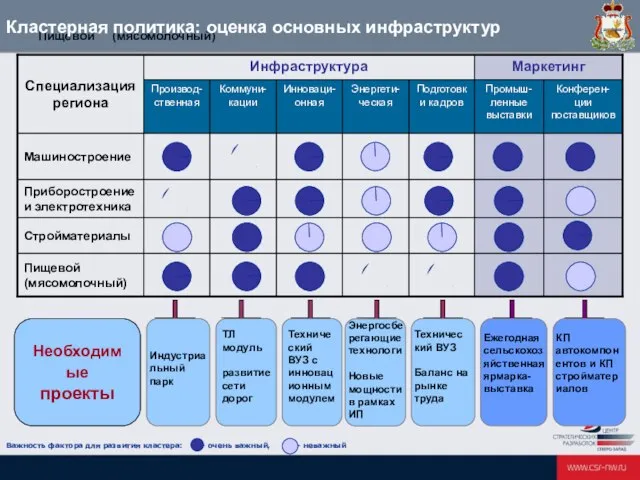 Пищевой (мясомолочный) Кластерная политика: оценка основных инфраструктур Важность фактора для развития кластера: