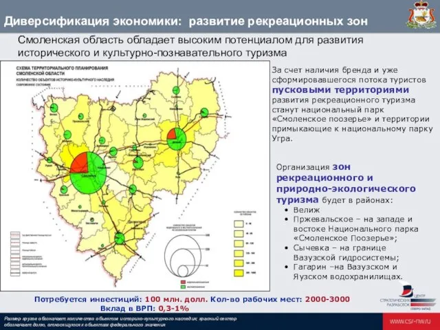 Размер кругов обозначает количество объектов историко-культурного наследия; красный сектор обозначает долю, относящуюся