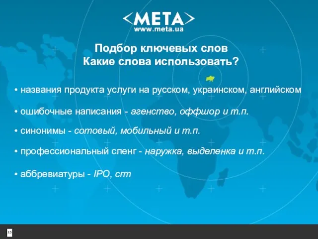 Подбор ключевых слов Какие слова использовать? • названия продукта услуги на русском,