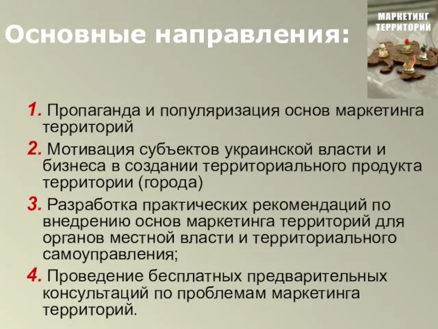 Основные направления: 1. Пропаганда и популяризация основ маркетинга территорий 2. Мотивация субъектов