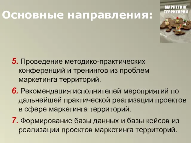 Основные направления: 5. Проведение методико-практических конференций и тренингов из проблем маркетинга территорий.