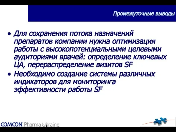 Промежуточные выводы Для сохранения потока назначений препаратов компании нужна оптимизация работы с