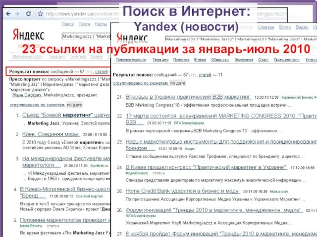 Поиск в Интернет: Yandex (новости) 23 ссылки на публикации за январь-июль 2010