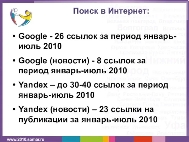 Поиск в Интернет: Google - 26 ссылок за период январь-июль 2010 Google