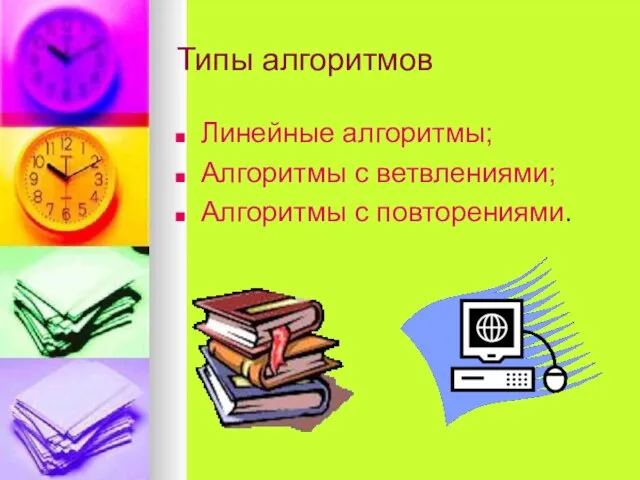 Типы алгоритмов Линейные алгоритмы; Алгоритмы с ветвлениями; Алгоритмы с повторениями.