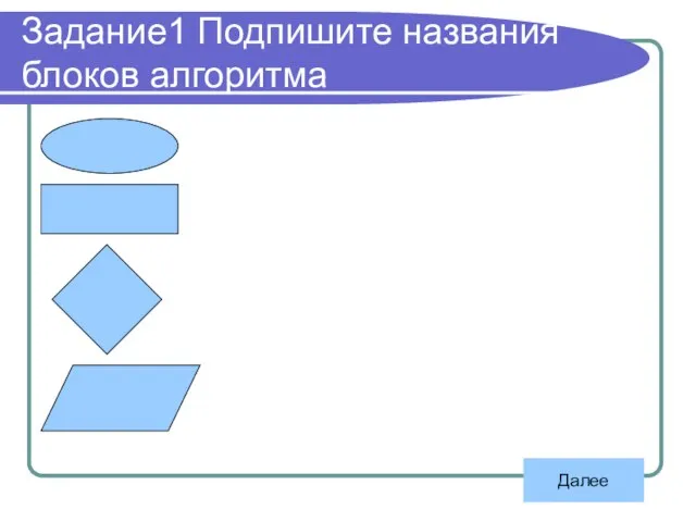 Задание1 Подпишите названия блоков алгоритма Далее