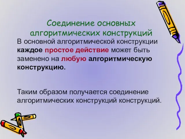 Соединение основных алгоритмических конструкций В основной алгоритмической конструкции каждое простое действие может