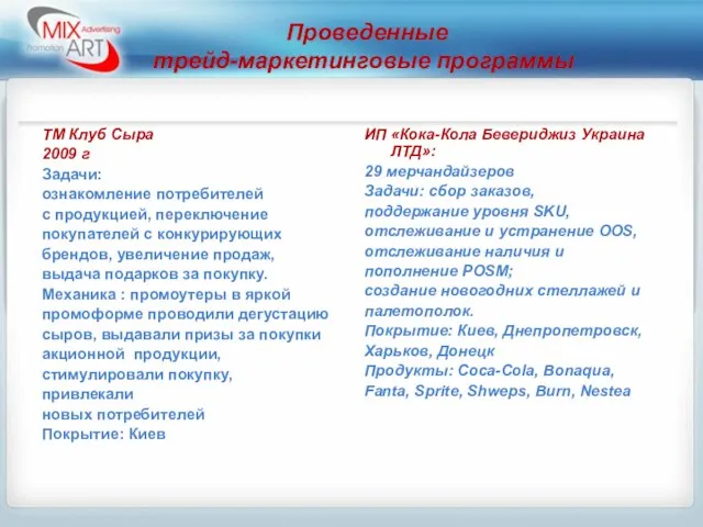 Проведенныe трейд-маркетинговыe программы ТМ Клуб Сыра 2009 г Задачи: ознакомление потребителей с