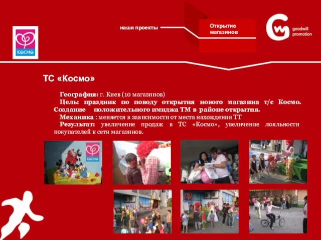ТС «Космо» География: г. Киев (10 магазинов) Цель: праздник по поводу открытия