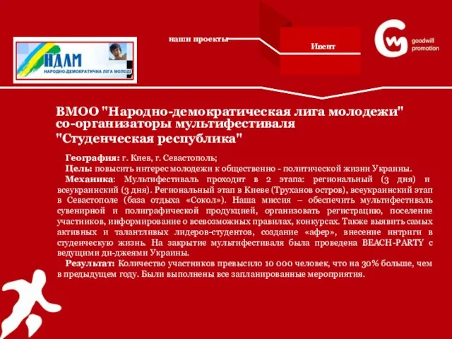 ВМОО "Народно-демократическая лига молодежи" со-организаторы мультифестиваля "Студенческая республика" География: г. Киев, г.