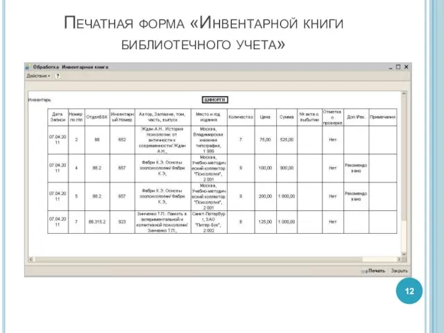 Печатная форма «Инвентарной книги библиотечного учета»