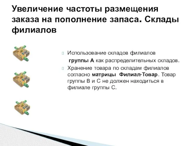 Использование складов филиалов группы А как распределительных складов. Хранение товара по складам