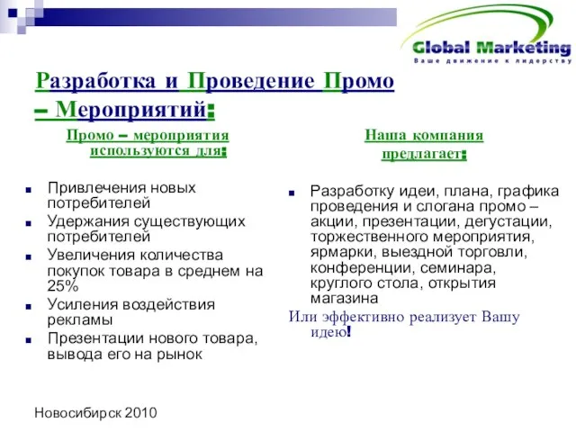 Новосибирск 2010 Разработка и Проведение Промо – Мероприятий: Промо – мероприятия используются