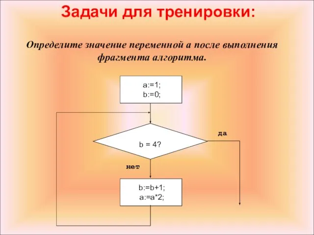 Определите значение переменной a после выполнения фрагмента алгоритма. Задачи для тренировки: