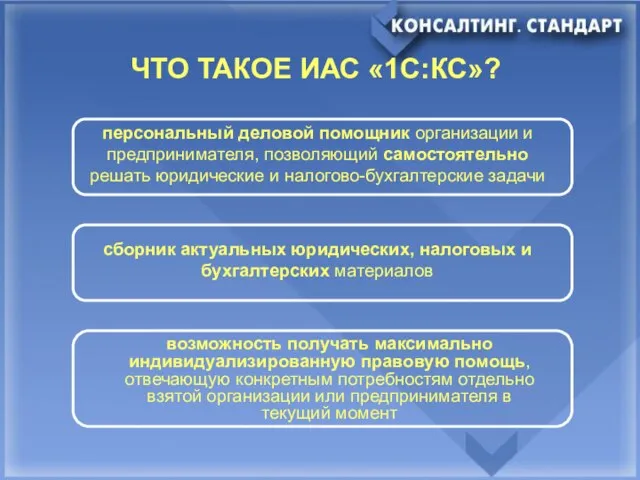 ЧТО ТАКОЕ ИАС «1С:КС»? возможность получать максимально индивидуализированную правовую помощь, отвечающую конкретным