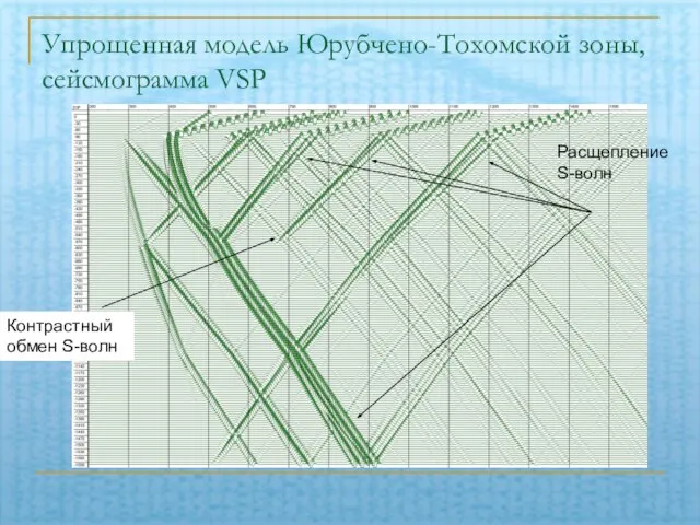 Упрощенная модель Юрубчено-Тохомской зоны, сейсмограмма VSP Расщепление S-волн Контрастный обмен S-волн