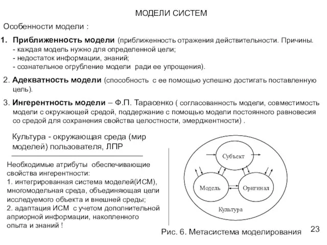 Рис. 6. Метасистема моделирования Особенности модели : Приближенность модели (приближенность отражения действительности.
