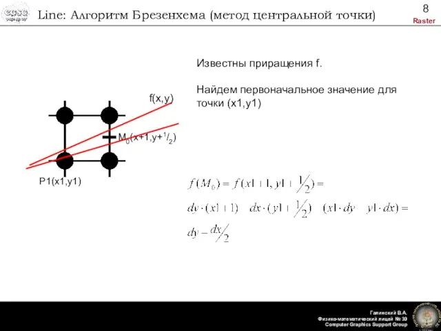 Line: Алгоритм Брезенхема (метод центральной точки) P1(x1,y1) M0(x+1,y+1/2) f(x,y) Известны приращения f.