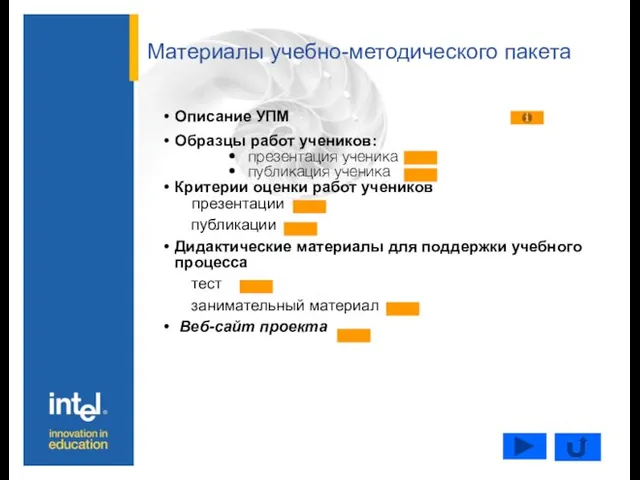 Материалы учебно-методического пакета Описание УПМ Образцы работ учеников: презентация ученика публикация ученика