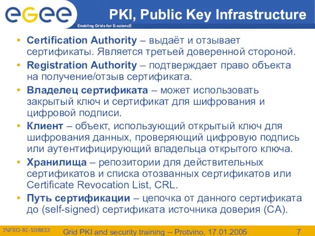 Grid PKI and security training -- Protvino, 17.01.2005 PKI, Public Key Infrastructure