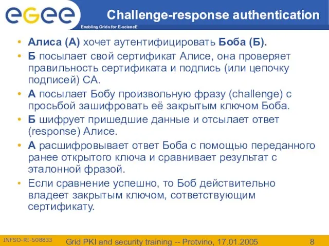 Grid PKI and security training -- Protvino, 17.01.2005 Challenge-response authentication Алиса (А)