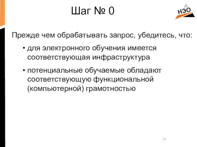 Прежде чем обрабатывать запрос, убедитесь, что: для электронного обучения имеется соответствующая инфраструктура