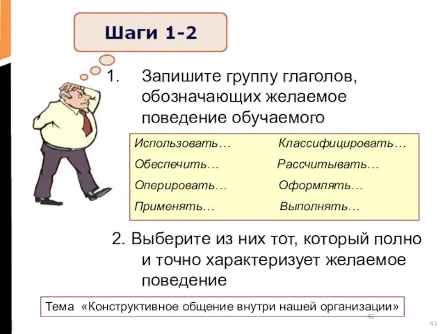 Запишите группу глаголов, обозначающих желаемое поведение обучаемого 2. Выберите из них тот,