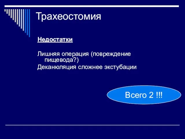 Трахеостомия Недостатки Лишняя операция (повреждение пищевода?) Деканюляция сложнее экстубации Всего 2 !!!