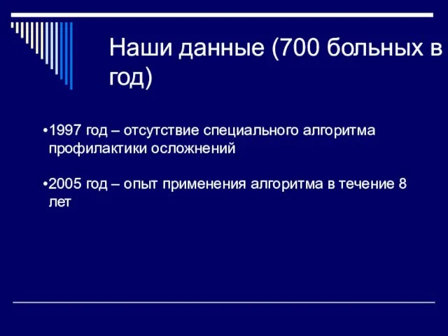 Наши данные (700 больных в год) 1997 год – отсутствие специального алгоритма