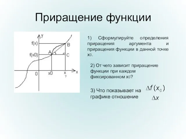 Приращение функции 1) Сформулируйте определения приращения аргумента и приращения функции в данной