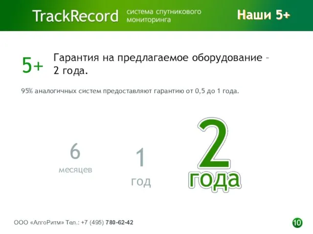 ООО «АлгоРитм» Тел.: +7 (495) 780-62-42 10 Гарантия на предлагаемое оборудование –