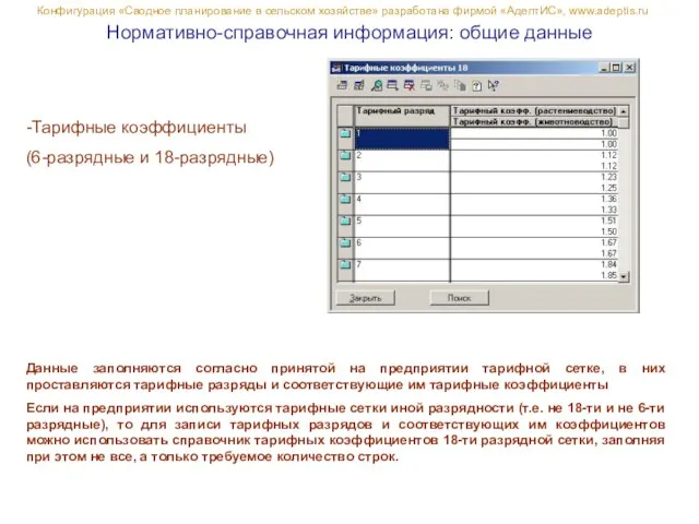 -Тарифные коэффициенты (6-разрядные и 18-разрядные) Данные заполняются согласно принятой на предприятии тарифной