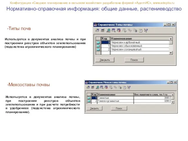 Нормативно-справочная информация: общие данные, растениеводство Конфигурация «Сводное планирование в сельском хозяйстве» разработана